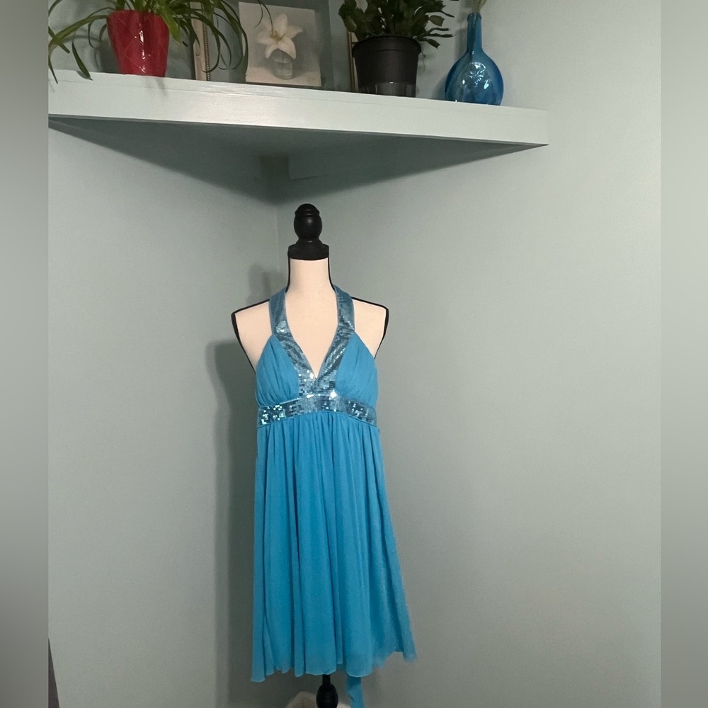 City Triangles Turquoise Sequined Halter Dress